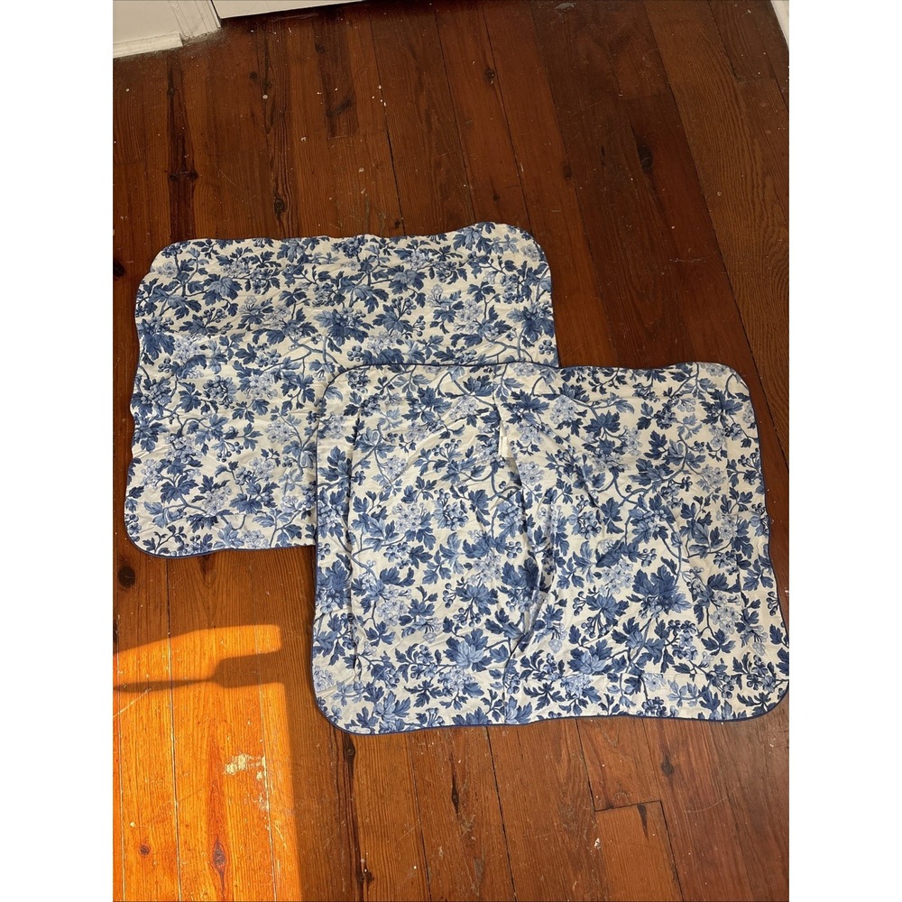 Vintage Laura Ashley Made in USA Blue & White Floral Toile Set of 2 Pillow Shams
